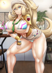Rule 34 | 1girl, abs, arm support, barghest (fate), blonde hair, breasts, fate/grand order, fate (series), hat, heterochromia, highres, huge breasts, long hair, muscular, muscular female, nikozes, panties, skindentation, skirt, smile, solo, standing, tagme, underwear