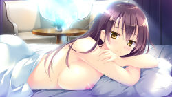 Rule 34 | 10s, 1girl, aftersex, arm grab, arm support, arm up, ass, back, bare shoulders, bed, bed sheet, bedroom, black hair, blanket, blush, breast press, breasts, breasts out, building, center opening, chair, closed mouth, couch, couple, crossed arms, day, ensemble ~maioriru hane no ensemble~, eyelashes, feet out of frame, female focus, game cg, glass, grabbing, hair between eyes, highres, indoors, kaburagi yukie, kimishima ao, koi suru kimochi no kasanekata, large breasts, leaf, lens flare, light rays, long hair, looking at viewer, lying, nipples, nude, on bed, on stomach, pillow, plant, potted plant, shade, smile, solo, solo focus, sunbeam, sunlight, table, tree, upper body, very long hair, wall, window, yellow eyes