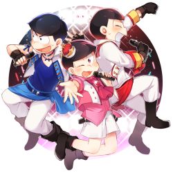Rule 34 | 10s, 3boys, black hair, boots, brothers, circle, costume, crown, dated, f6 (osomatsu-san), fingerless gloves, gloves, heart, heart in mouth, idol, jumping, male focus, matsuno karamatsu, matsuno osomatsu, matsuno todomatsu, microphone, mini crown, multiple boys, negitoros, osomatsu-kun, osomatsu-san, osomatsu (series), round image, shorts, siblings, sleeveless, smile, sweat, vest