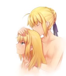 Rule 34 | 2girls, ahoge, artoria pendragon (all), artoria pendragon (fate), bad id, bad tumblr id, blonde hair, braid, breasts, crying, crying with eyes open, fate/apocrypha, fate (series), french braid, green eyes, hair down, hair ribbon, hug, hug from behind, kissing hair, long hair, mordred (fate), mordred (fate/apocrypha), mother and daughter, multiple girls, nude, ribbon, saber (fate), small breasts, tears, tusia
