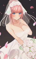 Rule 34 | 1girl, blue eyes, blush, bouquet, breasts, bridal veil, bride, check copyright, cleavage, closed mouth, copyright request, dress, flower, frills, go-toubun no hanayome, hair ornament, happy tears, highres, large breasts, long hair, looking at viewer, smile, solo, tears, uiri-na, veil, wedding dress, white dress