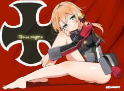 Rule 34 | 10s, 1girl, bare legs, barefoot, blonde hair, breasts, full body, green eyes, kantai collection, knee up, military, military uniform, naitou ryuu, plantar flexion, prinz eugen (kancolle), solo, uniform