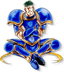 Rule 34 | 1boy, arden (fire emblem), armor, artist request, black eyes, blue armor, blue gloves, crossed arms, crossed legs, fingerless gloves, fire emblem, fire emblem: genealogy of the holy war, full body, gloves, green hair, highres, looking to the side, nintendo, official art, pauldrons, shoulder armor, sitting, smile, solo