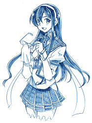 Rule 34 | 10s, 1girl, bbb (friskuser), blue theme, cleaning glasses, commentary request, unworn eyewear, glasses, hair between eyes, hair ribbon, hairband, handkerchief, hip vent, holding, holding removed eyewear, kantai collection, long hair, long sleeves, looking at viewer, monochrome, necktie, ooyodo (kancolle), open mouth, pleated skirt, puffy long sleeves, puffy sleeves, quill, ribbon, school uniform, serafuku, simple background, skirt, smile, solo, thighhighs, tress ribbon, uniform, white background