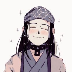 Rule 34 | 1girl, ainu, ainu clothes, asirpa, bandana, black choker, black hair, blue bandana, blush, choker, closed mouth, commentary, ear piercing, earrings, english commentary, closed eyes, facing viewer, golden kamuy, highres, hoop earrings, jewelry, long hair, naruysae, piercing, simple background, smile, solo, sparkle, upper body, white background