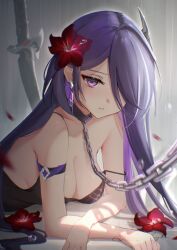 Rule 34 | acheron (honkai: star rail), arm strap, armpit crease, bare shoulders, black shirt, breasts, bubble, chain, chain leash, cleavage, closed mouth, collar, commentary, earrings, english commentary, flower, hair ornament, hair over one eye, highres, honkai: star rail, honkai (series), jewelry, katana, large breasts, leash, looking at viewer, lying, multicolored hair, on stomach, planted, planted sword, planted weapon, purple eyes, purple hair, red flower, red petals, sailorleyla, shirt, sideboob, signature, strap slip, streaked hair, sword, upper body, viewer holding leash, weapon