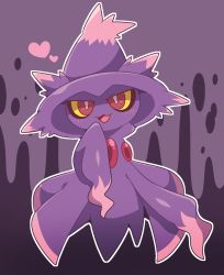 Rule 34 | :3, blush, bright pupils, colored sclera, creatures (company), full body, game freak, gen 4 pokemon, ghost, hand up, happy, heart, highres, light blush, looking at viewer, mismagius, nintendo, no humans, open mouth, outline, pokemon, pokemon (creature), purple background, purple theme, red eyes, smile, solo, straight-on, subaru331, two-tone background, white outline, white pupils, yellow sclera