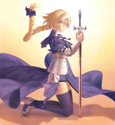 Rule 34 | 1girl, armor, armored dress, blonde hair, blood, bloody weapon, braid, dress, closed eyes, fate/apocrypha, fate (series), gauntlets, headpiece, jeanne d&#039;arc (fate), jeanne d&#039;arc (ruler) (fate), kneeling, md5 mismatch, planted, planted sword, planted weapon, resolution mismatch, single braid, solo, sword, thighhighs, tsukikanade, weapon