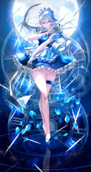Rule 34 | 1girl, absurdres, apron, blue bow, blue bowtie, blue dress, blue eyes, blue theme, bow, bowtie, braid, breasts, buttons, clock hands, dress, full body, full moon, gears, gem, gloves, hair between eyes, hair bow, hand up, high heels, highres, izayoi sakuya, jan (lightdragoon), jewelry, knees, knife, looking to the side, maid, maid headdress, medium breasts, moon, petals, puffy short sleeves, puffy sleeves, roman numeral, rose petals, shirt, short hair, short sleeves, solo, standing, touhou, twin braids, weapon, white apron, white bow, white gloves, white hair, white shirt, wrist cuffs