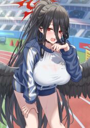 Rule 34 | 1girl, absurdres, black hair, black wings, blue archive, blush, breasts, feathered wings, feet out of frame, hair between eyes, halo, hand on own thigh, hasumi (blue archive), hasumi (track) (blue archive), highres, huge breasts, jacket, long hair, looking at viewer, official alternate costume, ponytail, red eyes, running track, see-through, see-through shirt, shirt, simoumi 217, solo, stadium, sweatdrop, track jacket, very long hair, wet, wet clothes, wet shirt, white shirt, wings
