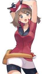 Rule 34 | 1girl, arms up, bandana, bike shorts, blush, breasts, brown hair, cleavage, collared shirt, commentary, cowboy shot, creatures (company), eyelashes, fanny pack, game freak, gloves, grey eyes, highres, long hair, looking at viewer, may (pokemon), nintendo, open mouth, poke ball, poke ball (basic), pokemon, pokemon rse, red bandana, red shirt, ririmon, shirt, short sleeves, simple background, skirt, tongue, v, white background, white gloves, white skirt, yellow bag