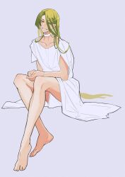 Rule 34 | 1boy, androgynous, barefoot, brown eyes, choker, collarbone, enkidu (fate), fate/grand order, fate (series), green hair, grey background, grey hair, grin, hair between eyes, haruakira, highres, invisible chair, long hair, male focus, short sleeves, simple background, sitting, smile, solo, very long hair, white choker