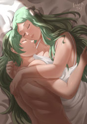 Rule 34 | 1boy, 1girl, absurdres, breasts, byleth (fire emblem), byleth (male) (fire emblem), closed eyes, couple, cuddling, dress, fire emblem, fire emblem: three houses, flower, green hair, hair flower, hair ornament, highres, large breasts, long hair, lying, messy hair, morning, nintendo, on side, resolution mismatch, rhea (fire emblem), rinku bny, sleeping, source smaller, topless male, white dress