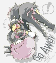 Rule 34 | !, 2017, apron, artist name, blush, bow, creatures (company), dated, detached sleeves, dress, embarrassed, english text, fang, flying sweatdrops, game freak, gen 3 pokemon, lolita fashion, maid apron, maid cap, maid headdress, mawile, mega mawile, mega pokemon, miji, miji doujing daile, nintendo, open mouth, outstretched hand, pink dress, pokemon, pokemon (creature), purple eyes