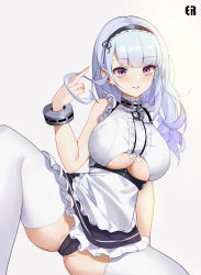 Rule 34 | 1girl, absurdres, anchor choker, apron, arm support, artist name, azur lane, bare shoulders, blush, breasts, cameltoe, center frills, clothing cutout, commentary request, dido (azur lane), dress, eir, eyelashes, frilled dress, frills, groin, twirling hair, hairband, hand up, highres, knee up, large breasts, long hair, looking at viewer, maid, maid apron, makeup, mascara, panties, pantyshot, parted lips, purple eyes, red eyes, simple background, sitting, skindentation, solo, spread legs, thighhighs, underboob, underboob cutout, underwear, upskirt, waist apron, white background, white dress, white hair, white thighhighs