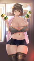 Rule 34 | 1girl, ahoge, anis (nikke), bare shoulders, beer can, black shorts, black skirt, black thighhighs, blush, breasts, brown eyes, brown hair, can, cat hair ornament, cleavage, collarbone, commentary request, cowboy shot, crop top, drink can, goddess of victory: nikke, grey shirt, groin, hair ornament, highres, holding, holding can, indoors, large breasts, looking at viewer, lukapia, midriff, navel, open mouth, partial commentary, pink towel, refrigerator, shadow, shirt, short hair, short shorts, shorts, sidelocks, skindentation, skirt, solo, standing, thigh gap, thighhighs, towel, wet