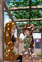 Rule 34 | 10s, 2girls, ame., aoki hagane no arpeggio, bare shoulders, black legwear, blonde hair, blunt bangs, bow, brown eyes, brown hair, brown skirt, building, dappled sunlight, day, dress, food, green eyes, green shirt, hair bow, hair ribbon, haruna (aoki hagane no arpeggio), highres, holding, holding food, ice cream, ice cream cone, ivy, long hair, looking at another, multiple girls, open mouth, osakabe makie, outdoors, pavement, pink bow, plant, pleated skirt, ponytail, puffy short sleeves, puffy sleeves, ribbon, shade, shirt, short sleeves, sitting, skirt, sleeveless, sleeveless shirt, standing, sunlight, thighhighs, twintails, yellow dress