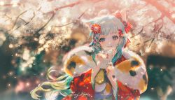 Rule 34 | 1girl, ahoge, animal ear fluff, animal ears, artist name, blue hair, blush, bow, branch, cat ears, commentary request, floating hair, green hair, hair bow, hands up, holding, instagram username, japanese clothes, kimono, lanmewko, long hair, long sleeves, looking at viewer, official art, omikuji, parted lips, pixiv id, purple eyes, red bow, red kimono, say hana, signature, smile, solo, striped, striped bow, twitter username, upper body, very long hair, wide sleeves