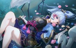 Rule 34 | 1girl, arm guards, armor, armored dress, ayaka (genshin impact), bird, blue eyes, blue jacket, blunt bangs, breastplate, bridal gauntlets, chibi vanille, commentary request, crane (animal), dou, flower on liquid, genshin impact, high ponytail, highres, jacket, japanese armor, japanese clothes, lying, on back, parted lips, partially submerged, rope, sidelocks, silver hair, solo