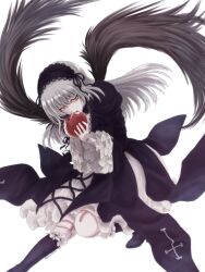 Rule 34 | 1girl, apple, black dress, black footwear, black hairband, black wings, boots, doll joints, dress, eating, expressionless, food, frilled sleeves, frills, fruit, gothic lolita, grey hair, hairband, highres, holding, holding food, holding fruit, joints, kiru (m putorius), lolita fashion, lolita hairband, long hair, looking at viewer, pink eyes, rozen maiden, simple background, solo, suigintou, white background, wide sleeves, wings