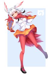 Rule 34 | 10s, 1girl, absurdres, black footwear, bodysuit, breasts, dean (momodean), head wings, highres, japanese crested ibis (kemono friends), kemono friends, looking at viewer, mary janes, open mouth, pantyhose, red pantyhose, shoes, skirt, solo, white hair, wings, yellow eyes