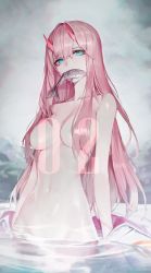 Rule 34 | 1girl, absurdres, aqua eyes, breasts, character name, chyan, darling in the franxx, fish, fish in mouth, hair over breasts, highres, horns, long hair, looking at viewer, medium breasts, mouth hold, navel, nude, oni horns, outdoors, pink hair, red horns, solo, stomach, wading, wet, zero two (darling in the franxx)