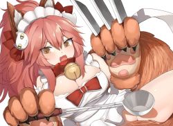 Rule 34 | 1girl, animal ears, animal hands, apron, bell, blush, breasts, brown eyes, cleavage, collar, fangs, fate/grand order, fate (series), fox ears, fox tail, groin, hair ribbon, k jin, knife, large breasts, long hair, looking at viewer, maid headdress, naked apron, neck bell, no panties, open mouth, pink hair, ribbon, solo, tail, tamamo (fate), tamamo cat (fate), tamamo no mae (fate/extra), yellow eyes