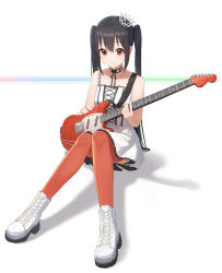Rule 34 | 1girl, absurdres, black hair, commentary, don&#039;t say &quot;lazy&quot;, english commentary, fender (company), full body, guitar, highres, holding, holding instrument, instrument, k-on!, long hair, looking at viewer, nakano azusa, red eyes, red legwear, smile, solo, twintails, white footwear, yidie