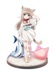 Rule 34 | 1girl, 40hara, :o, animal ear fluff, animal ears, aqua eyes, bare legs, barefoot, blunt bangs, brown hair, cat ears, cat girl, cat tail, clothes writing, collar, commentary request, full body, highres, holding, holding stuffed toy, kinako (40hara), long hair, looking at viewer, off-shoulder shirt, off shoulder, original, paw pose, pillow, red collar, shirt, short sleeves, simple background, solo, standing, stuffed animal, stuffed fish, stuffed toy, stuffed tuna, t-shirt, tail, toenails, toes, white background, white shirt