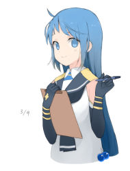 Rule 34 | 1girl, black gloves, black neckwear, blue eyes, blue hair, chagen kokimu, clipboard, cropped torso, dated, elbow gloves, gloves, gradient hair, kantai collection, long hair, looking at viewer, multicolored hair, sailor collar, samidare (kancolle), school uniform, simple background, sleeveless, smile, solo, upper body, very long hair, white background