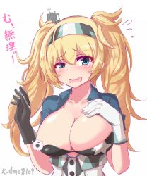 Rule 34 | 1girl, bikini, black bikini, blonde hair, blue eyes, blue shirt, blush, breast pocket, breasts, clothes pull, collared shirt, crying, flying sweatdrops, gambier bay (kancolle), gloves, hair between eyes, hair ornament, hairband, hand on own chest, hand up, highres, kantai collection, kihou no gotoku dmc, large breasts, long hair, messy hair, open mouth, pocket, shirt, shirt pull, short sleeves, sidelocks, simple background, solo, star (symbol), star print, swimsuit, tearing up, tears, twintails, upper body, white background