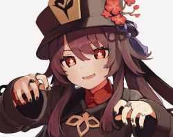 Rule 34 | 1girl, :d, black hat, black jacket, black nails, brown hair, commentary request, flower, flower-shaped pupils, genshin impact, grey background, hair between eyes, hat, hat flower, head tilt, highres, hu tao (genshin impact), jacket, jewelry, long hair, long sleeves, looking at viewer, nail polish, open mouth, red eyes, red flower, red shirt, ring, seramikku, shirt, simple background, sleeves past wrists, smile, solo, symbol-shaped pupils, twintails, upper body