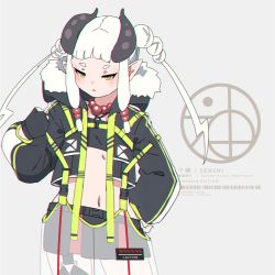 Rule 34 | 1girl, bead necklace, beads, black gloves, black jacket, black shorts, blush, curled horns, english text, fingerless gloves, gloves, grey background, hand on own hip, highres, horns, jacket, jewelry, kuro kosyou, long hair, long sleeves, navel, necklace, open clothes, open jacket, original, parted lips, pointy ears, puffy long sleeves, puffy sleeves, see-through, short eyebrows, short shorts, shorts, simple background, solo, standing, thick eyebrows, twintails, white hair, yellow eyes