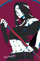 Rule 34 | 1boy, abs, androgynous, bare shoulders, black choker, black hair, blood, choker, fingerless gloves, gloves, guilty gear, guilty gear x, guilty gear xx, highres, long hair, looking at viewer, midriff, purple background, red eyes, scythe, simple background, smirkingcat, solo, straight hair, testament (guilty gear), trap