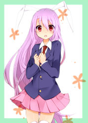 Rule 34 | 1girl, animal ears, chestnut mouth, framed, hands on own chest, jacket, long hair, long sleeves, looking at viewer, necktie, open mouth, outside border, pink hair, rabbit ears, red eyes, red necktie, reisen udongein inaba, shirt, skirt, solo, thighhighs, touhou, very long hair, white thighhighs, yukina (masyumaro610), zettai ryouiki