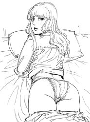 Rule 34 | 1girl, ass, ass focus, bad id, bb (baalbuddy), closed mouth, clothes pull, frilled panties, frills, from behind, furrowed brow, greyscale, inactive account, long hair, long sleeves, looking at viewer, lying, monochrome, on bed, on stomach, panties, pyrrha alexandra, shirt, skirt, skirt pull, solo, soul calibur, soulcalibur, soulcalibur v, underwear
