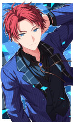 Rule 34 | 1boy, arm behind head, black background, black shirt, black vest, blue background, blue eyes, blue jacket, blue suit, border, bracelet, brooch, commentary request, formal, highres, jacket, jewelry, looking at viewer, male focus, multicolored background, on air!, parted bangs, red hair, sekina, shirt, short hair, smile, solo, striped clothes, striped jacket, suit, upper body, vertical-striped clothes, vertical-striped jacket, vest, yarai rikka