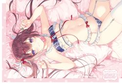 Rule 34 | 1girl, armpits, arms up, bare arms, bare shoulders, bed sheet, bra, breasts, brown hair, frilled bra, frilled panties, frills, garter belt, hair ribbon, highres, lingerie, long hair, looking at viewer, lying, medium breasts, miwabe sakura, navel, on back, on bed, original, panties, pillow, purple bra, purple eyes, purple panties, ribbon, sidelocks, smile, solo, stomach, thighhighs, thighs, twintails, underboob, underwear, underwear only, white thighhighs