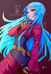 Rule 34 | 1girl, belt, bicio, blue hair, bodysuit, breast hold, breasts, finger to mouth, gloves, highres, kula diamond, long hair, looking at viewer, purple eyes, shushing, signature, simple background, small breasts, smile, solo, the king of fighters, twitter logo