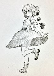 Rule 34 | 1girl, blush, bow, cirno, closed mouth, from side, full body, greyscale, hair bow, highres, ice, ice wings, looking at viewer, mashimashi, monochrome, shoes, short hair, solo, standing, standing on one leg, touhou, traditional media, wings