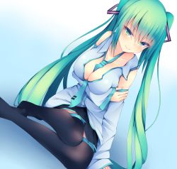 Rule 34 | 00s, 1girl, aqua eyes, aqua hair, arm support, arm under breasts, between breasts, breasts, cleavage, closed mouth, detached sleeves, gradient background, hatsune miku, kiseno, large breasts, long hair, looking at viewer, matching hair/eyes, necktie, necktie between breasts, no bra, sitting, smile, solo, thighhighs, tsurime, twintails, vocaloid