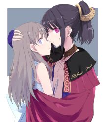 Rule 34 | 2girls, atelier (series), atelier totori, bangle, black hair, blue eyes, bracelet, brown hair, cape, capelet, commentary request, hand on another&#039;s back, hand on another&#039;s head, hands on another&#039;s chest, hug, imminent kiss, jewelry, long hair, looking at viewer, maromi (am97), mimi houllier von schwarzlang, multiple girls, ponytail, red eyes, simple background, totooria helmold, yuri