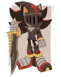 Rule 34 | 1boy, animal ears, armor, black armor, black fur, black hair, breastplate, fang, furry, furry male, hedgehog, hipstersilver, holding, holding sword, holding weapon, jewelry, lancelot (sonic the hedgehog), armored boots, metal gloves, red fur, ring, shadow the hedgehog, sir lancelot (shadow), sonic (series), sonic and the black knight, sword, tail, weapon
