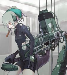 Rule 34 | 10s, 1girl, alternate costume, aqua bow, aqua ribbon, blunt bangs, bodysuit, boushi-ya, bow, breasts, cable, clothing cutout, cowboy shot, eyebrows, from side, gloves, grin, hair bow, hair ribbon, headset, high ponytail, indoors, kantai collection, looking down, machinery, mouth hold, paper, ponytail, profile, red eyes, ribbon, screwdriver, short ponytail, side cutout, sidelocks, silver hair, small breasts, smile, solo, standing, subdermal port, tape, turtleneck, unitard, yuubari (kancolle)