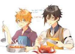 Rule 34 | ..., 2boys, a prize catch (genshin impact), animal, apron, black hair, blue eyes, blush, brown hair, collar, collarbone, collared shirt, cooking, earrings, english text, eyes in shadow, food, genshin impact, hair between eyes, highres, holding, holding knife, holding ladle, holding pot, jewelry, kitchen knife, knife, ladle, long hair, male focus, multicolored hair, multiple boys, nemururin, octopus, open mouth, orange hair, ponytail, pot, shirt, simple background, single earring, sleeves rolled up, sweat, sweatdrop, tartaglia (genshin impact), tassel, tassel earrings, trembling, white background, yellow eyes, zhongli (genshin impact)
