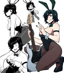 Rule 34 | 1girl, absurdres, aneurysm ax, animal ears, armband, black bow, black bowtie, black hair, black leotard, black nails, blue eyes, bow, bowtie, breasts, can, chainsaw man, cigarette, cleavage, closed eyes, electric guitar, eyepatch, fake tail, fender stratocaster, guitar, halftone, highres, himeno (chainsaw man), holding, holding can, holding cigarette, instrument, large breasts, leotard, looking at viewer, open mouth, pantyhose, playboy bunny, rabbit ears, short hair, simple background, smile, smoke, solo, strapless, strapless leotard, tail, thighs, v, vomit, white background, wrist cuffs