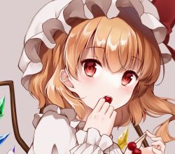 Rule 34 | 1girl, blonde hair, blush, crystal, flandre scarlet, food, frilled shirt collar, frills, fruit, grey background, hat, highres, holding, holding food, holding fruit, looking at viewer, mob cap, mumu-crown, one side up, open mouth, portrait, puffy short sleeves, puffy sleeves, red eyes, red vest, shirt, short sleeves, solo, touhou, upper body, vest, white hat, white shirt, wings, wrist cuffs