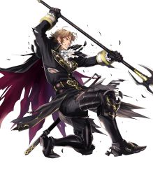 Rule 34 | 1boy, armor, armored boots, blonde hair, boots, camus, cape, fire emblem, fire emblem: mystery of the emblem, fire emblem heroes, full body, gloves, highres, injury, male focus, nintendo, official art, polearm, solo, spear, suekane kumiko, teeth, transparent background, weapon, yellow eyes