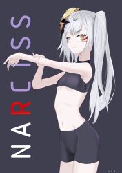 Rule 34 | 1girl, absurdres, black bodysuit, bodysuit, breasts, character name, closed mouth, girls&#039; frontline, highres, long hair, looking at viewer, looking to the side, lying, mask, mask on head, narciss (girls&#039; frontline), navel, on side, orange eyes, paradeus, purple background, side ponytail, small breasts, smile, solo, sportswear, standing, white hair, xue shiming