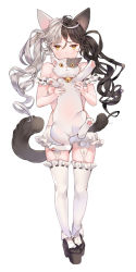 Rule 34 | 1girl, animal, animal ears, bad id, bad pixiv id, bell, black hair, blush, cat, cat ears, collar, frilled thighhighs, frills, full body, garter straps, highres, holding, holding animal, long hair, looking at viewer, multicolored hair, neck bell, nipples, original, simple background, solo, split-color hair, standing, thighhighs, tom sun, topless, twintails, white background, white hair, white thighhighs, yellow eyes